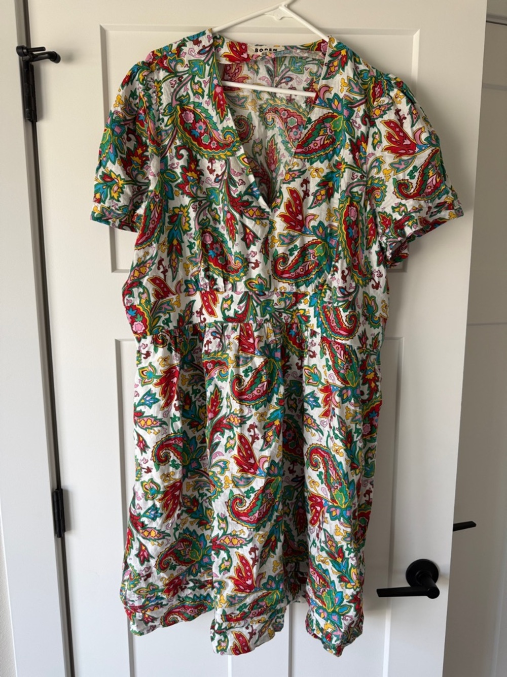 Boden Eve White Paisley V-Neck Short Sleeve Mini Dress with Colorful Accents